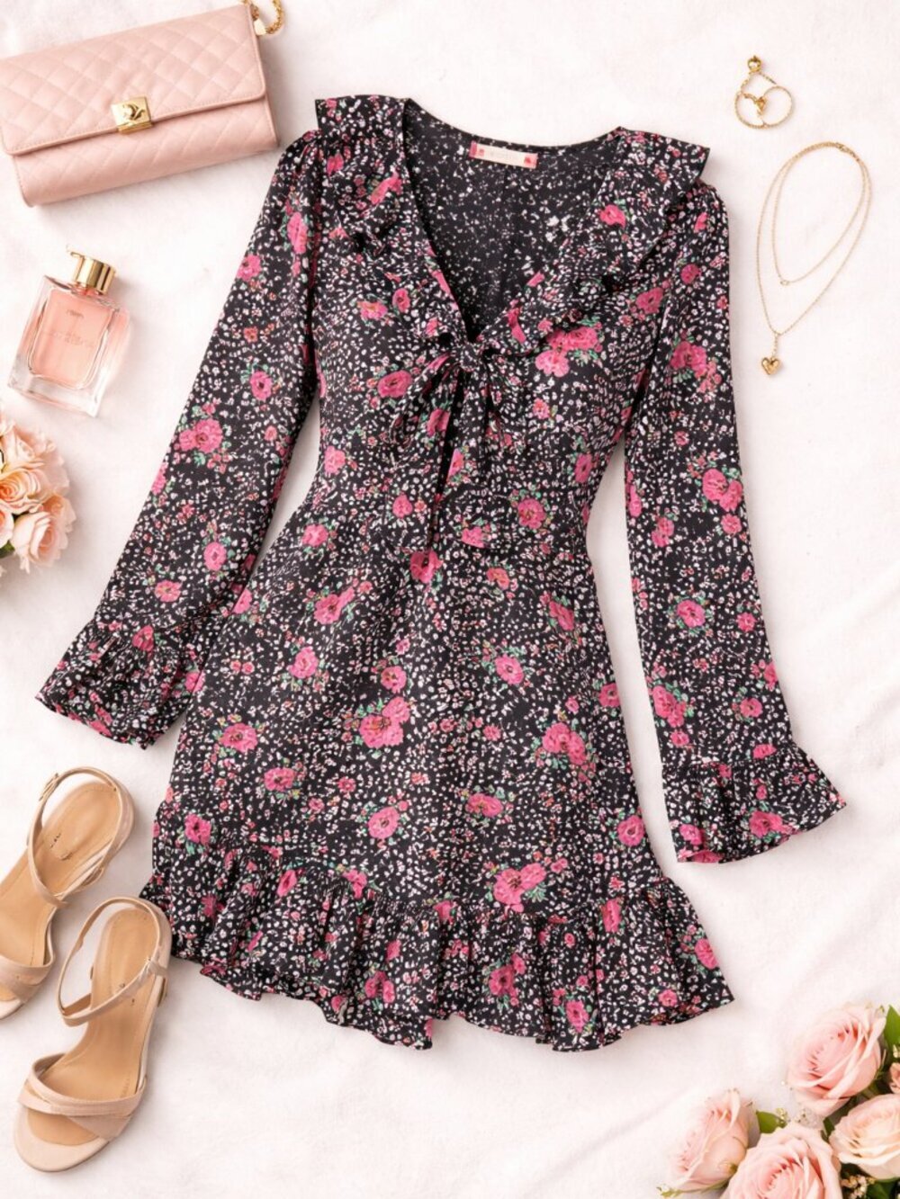 Topshop Black Pink Floral Mini Dress Ruffle Romantic Boho Size 6